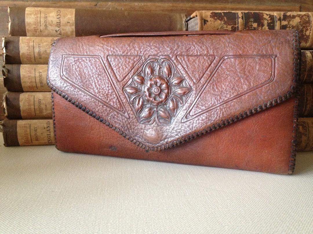 Tooled Leather Clutch Purse Embossed Leather Wallet Arts and - Etsy