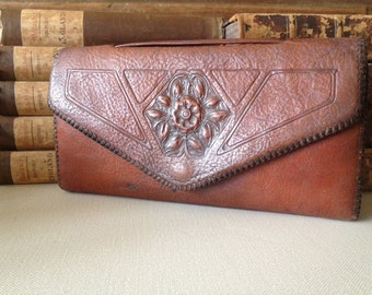 Tooled Leather Clutch Purse, Embossed Leather Wallet, Arts and Crafts Striking Chestut Brown Leather Journal Handbag