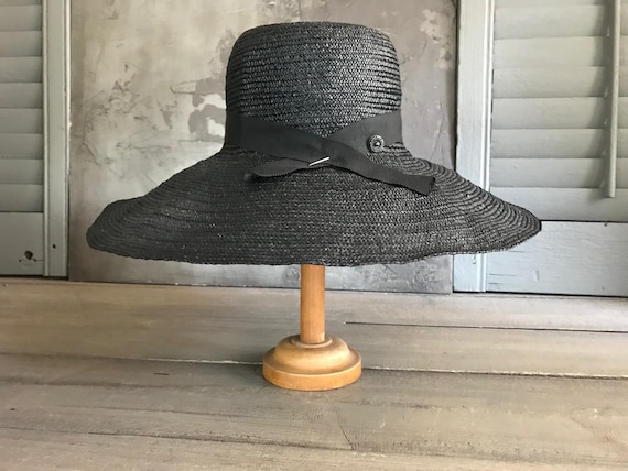 1930s Black Straw Hat, Black Ribbon Tie, Summer Su