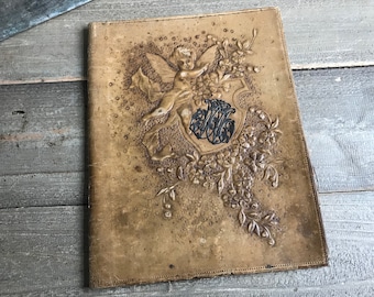 French Leather Book Blotter, Cherub Design, Tooled, Embossed, Monogrammed