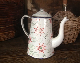 French Enamel Coffee Pot, White Green Chippy Pastel French Farmhouse, Art Deco Atomic Art Starburst