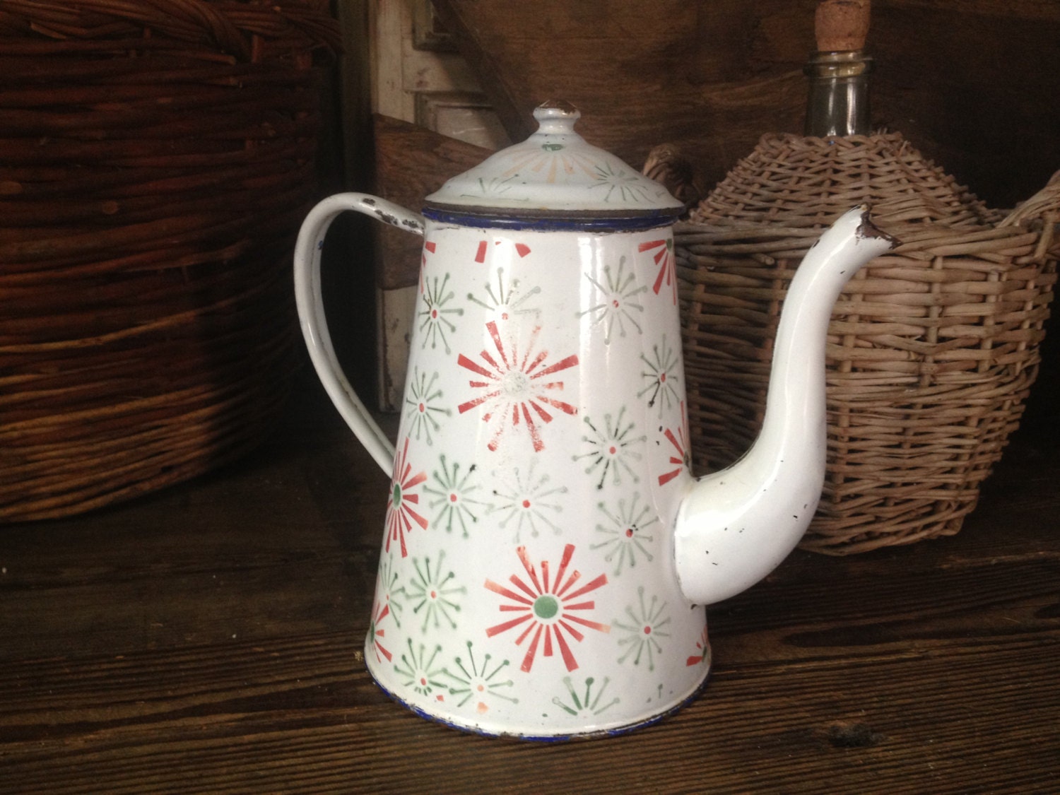 French Enamel Coffee Pot, White Green Chippy Pastel Farmhouse, Art Deco Atomic Starburst