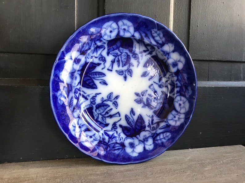 19th C Faïence de Bordeaux, Blue Floral Plate, David Johnston Earthenware, French Farmhouse image 3