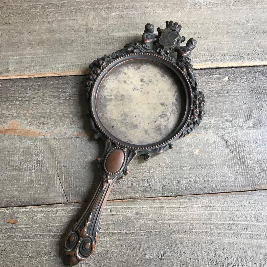 19th C French Bronze Hand Mirror, Beveled Mirror, Ornate Design