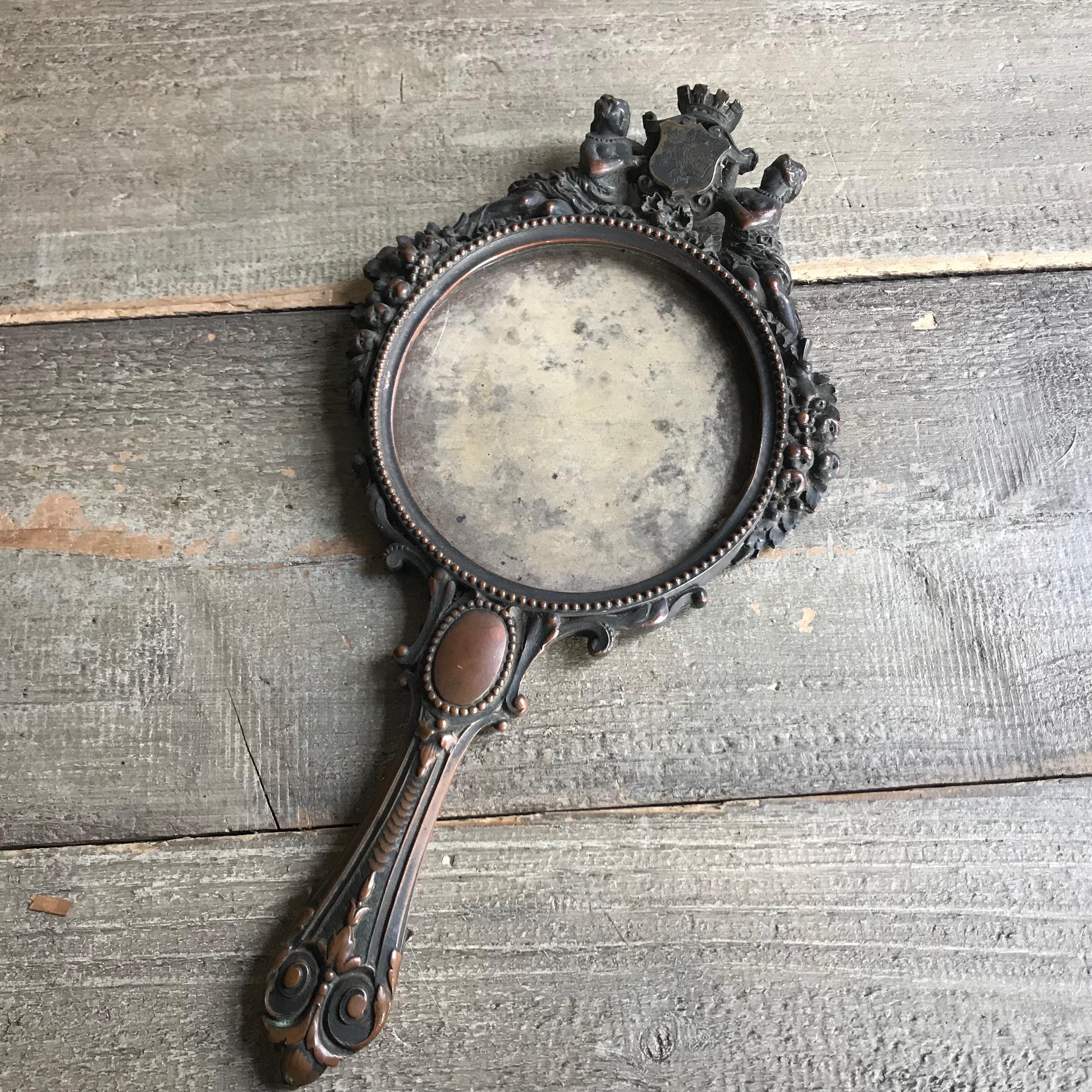 19th C French Bronze Hand Mirror, Beveled Mirror, Ornate Design