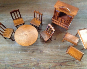 English Doll House Furniture, Mini Wood Dining Room Set, Original Box 9 Piece Set