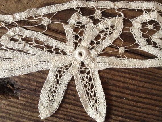 Antique Battenberg Lace Trim, Ecru, 29 Inch Length Handmade Bobbin