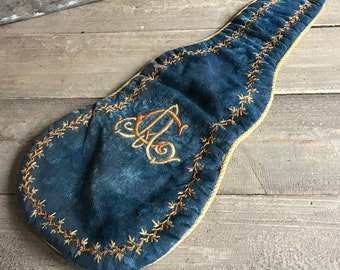 French Embroidered Violin Case Insert, Plush Blue Velvet, Monogrammed, French Farmhouse, Chateau