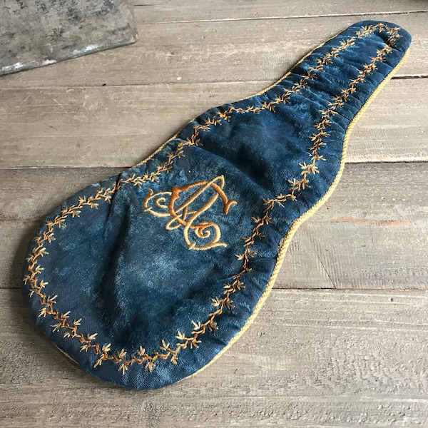 French Embroidered Violin Case Insert, Plush Blue Velvet, Monogrammed, French Farmhouse, Chateau