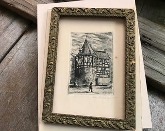 German Original Signed Engraving, Schellenturm Stuttgart Germany