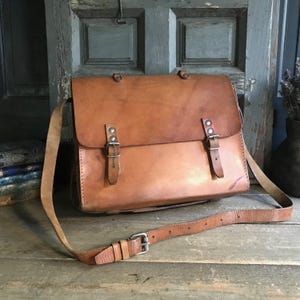 Rustic English Leather Briefcase Bag Messenger Satchel Handcrafted in England, Mid Century, Band Graffiti Damages