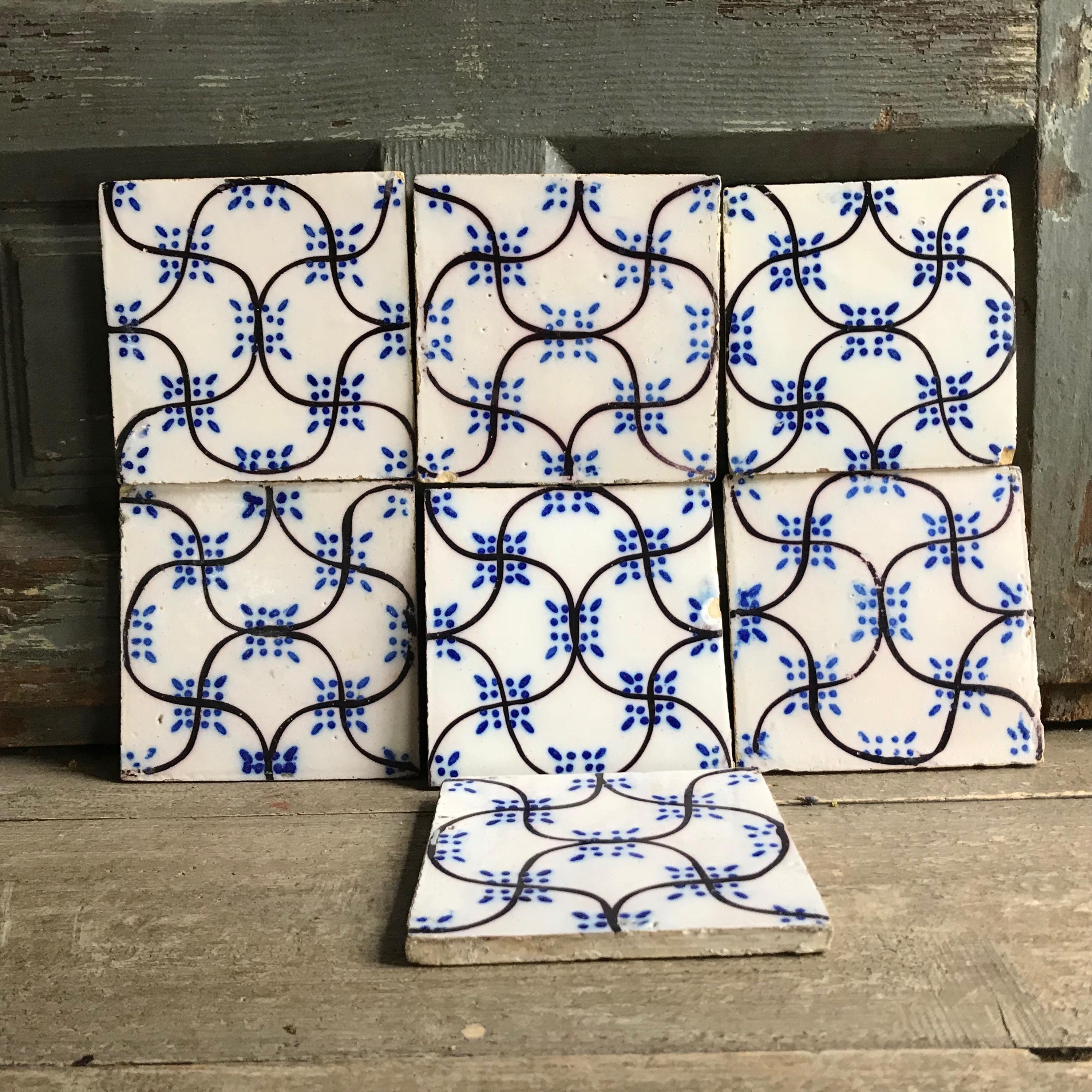 19Th C French Tile Frieze, Pas De Calais Desvres, Indigo, Black, Terra Cotta, Clay, Farmhouse Cuisine, Set Of 7