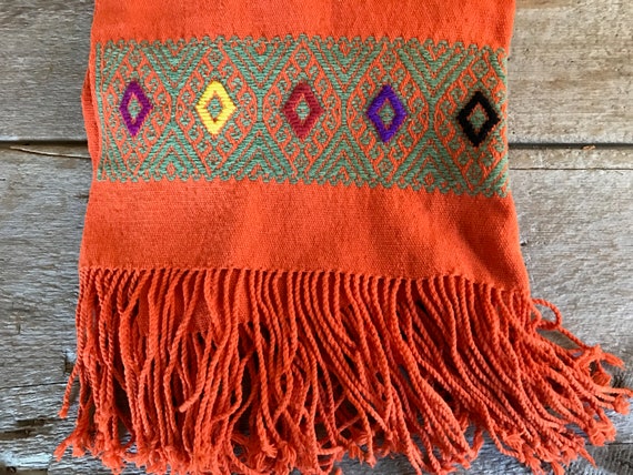 Orange Embroidered Wool Scarf, Shawl, Wrap, Artisan Textile, Table Runner View 2