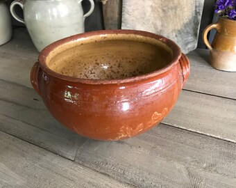 19th C French Pottery Bowl, Confit, Yellow Slip Glaze, Redware, Slipware, Glazed Pottery, French Farmhouse Cuisine