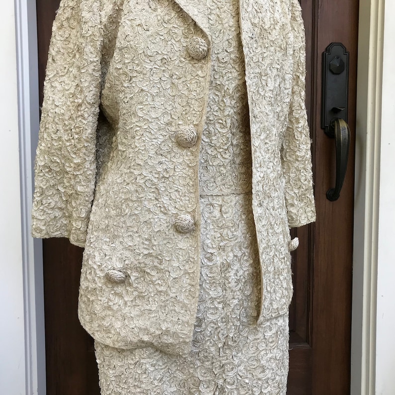 1960s Cream Ribbon Suit, Riviera International, 3 Piece Jacket, Skirt, Jackie O, Handcrafted Couture, Small image 4
