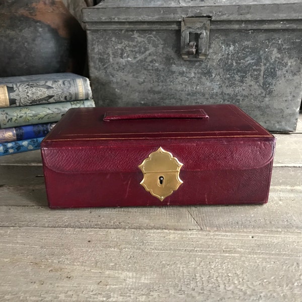 19th C English Leather Jewelry Case, Victorian Travel Box, Gilded Closure