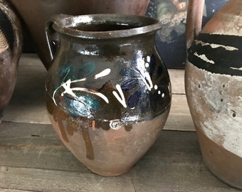 彩色陶器　テラコッタ 二口水差し　アンティーク アンティークの花柄陶器の水差し、ピッチャー、花瓶、民芸品、素朴な