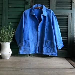 French Indigo Work Wear Jacket, Bleu De Travail Coat, Denim, Patch Repairs, Garden, Chore Wear Farmhouse Peasant image 5