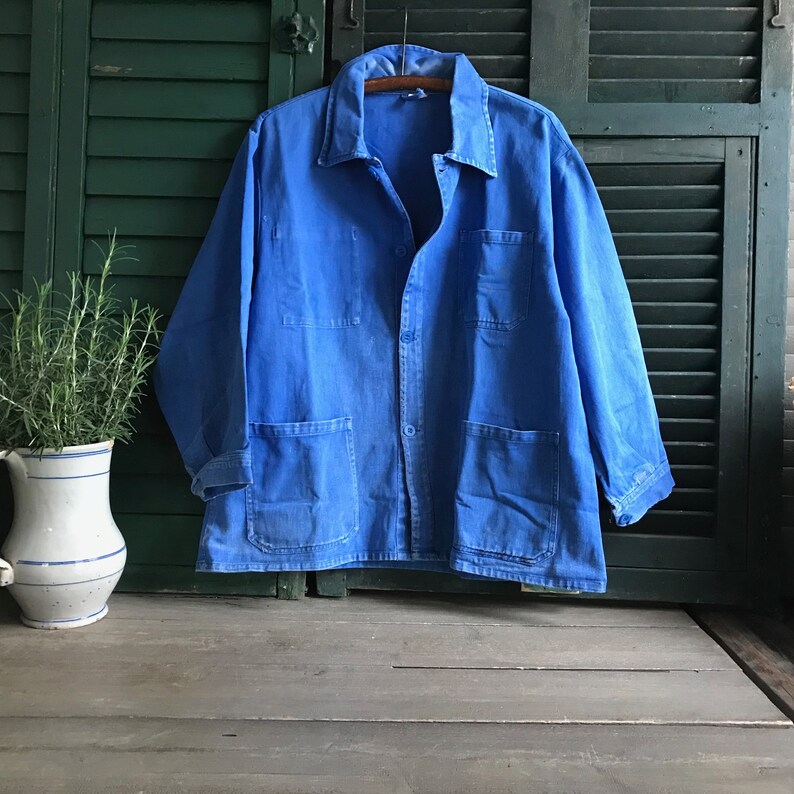 French Indigo Work Wear Jacket, Bleu De Travail Coat, Denim, Patch Repairs, Garden, Chore Wear Farmhouse Peasant image 5