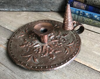Candelabro de cobre, Artes y manualidades, Cobre repujado, Apagavelas de cobre, Candelabro de cámara, Hecho a mano