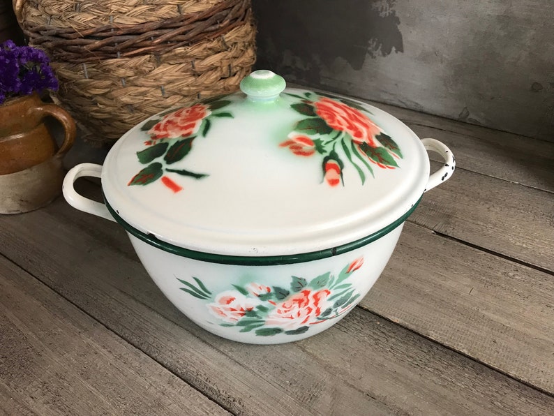 Coral Painted Roses Large Chippy French Enamel Casserole French Farmhouse