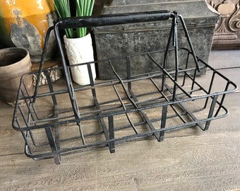 Rustic Iron Bottle Carrier Basket, Garden, Plant Holder, Industrial Farmhouse Cuisine Decor
