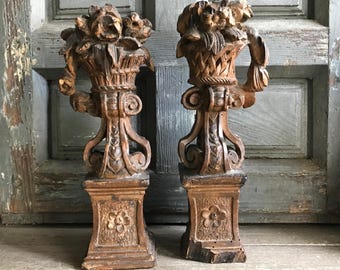 Pair 17th C French Floral Garnitures, Handcarved, Baroque Period, Architectural Chateau Decor