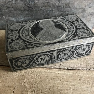 French Inlay Pewter Box, Artistic, Religious, Travel Jewelry Trinket Pill Stamp image 1