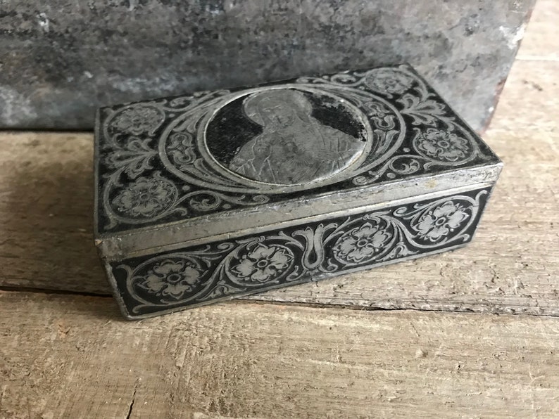 French Inlay Pewter Box, Artistic, Religious, Travel Jewelry Trinket Pill Stamp image 1
