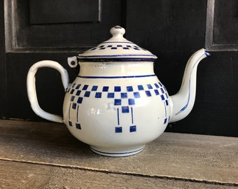 French Enamel Café Coffee Tea Pot, Blue Lustucru, Blue White Check, French Farmhouse Decor