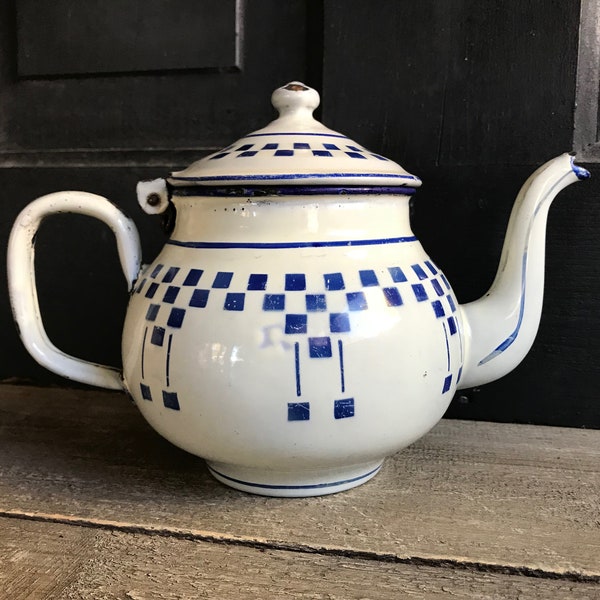 French Enamel Café Coffee Tea Pot, Blue Lustucru, Blue White Check, French Farmhouse Decor