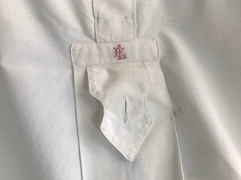 French Mens Gents Dress Shirt, White Cotton, Monogram, Original Lyon Shirtmaker Label, Edwardian, Period Clothing image 7