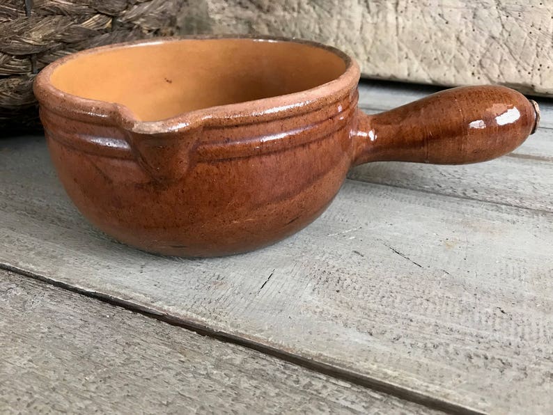 French Handled Soup Bowl, Made in France, Chili Bowl, Cooking Pot, Brown Glazed, Antique Pottery, French Farmhouse Stoneware Soup Bowl image 2