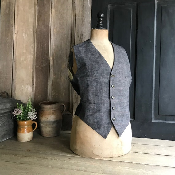 French Wool Tweed Waistcoat, Black, Gents Vest, B… - image 1