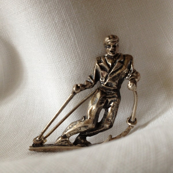 Beaucraft Sterling Silver Skiing Pin, 1950s Posy Holder, Figural Silver Lapel Pin, Made in USA, Beaucraft, Hat Scarf Tie Pin