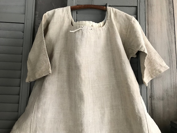 Rustic 19th C French Hemp Night Shirt, Chemise, Homespun