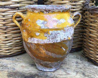 French Confit Jar, 19th C Terra Cotta Pot, Small Ochre Glaze Pottery, French Farmhouse