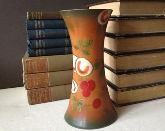 Old English Pottery Vase, Handcrafted in England by Cyples, Warm Orange Color Fruit and Flowers