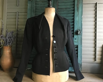 1940s French Black Gaberdine Suit, Jacket, Skirt, Worsted Wool, WWII Era Clothing, Size Small