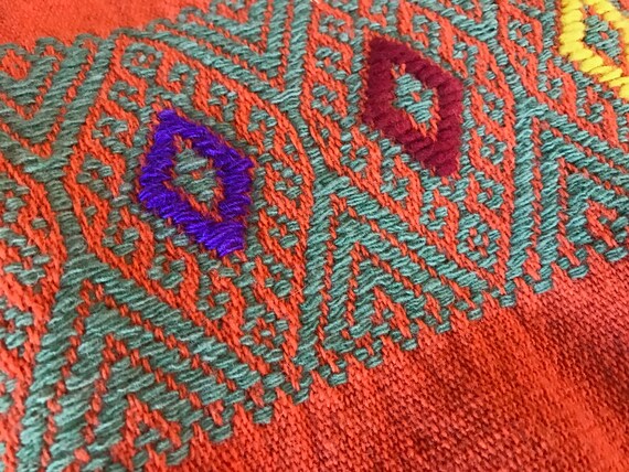 Orange Embroidered Wool Scarf, Shawl, Wrap, Artisan Textile, Table Runner View 4