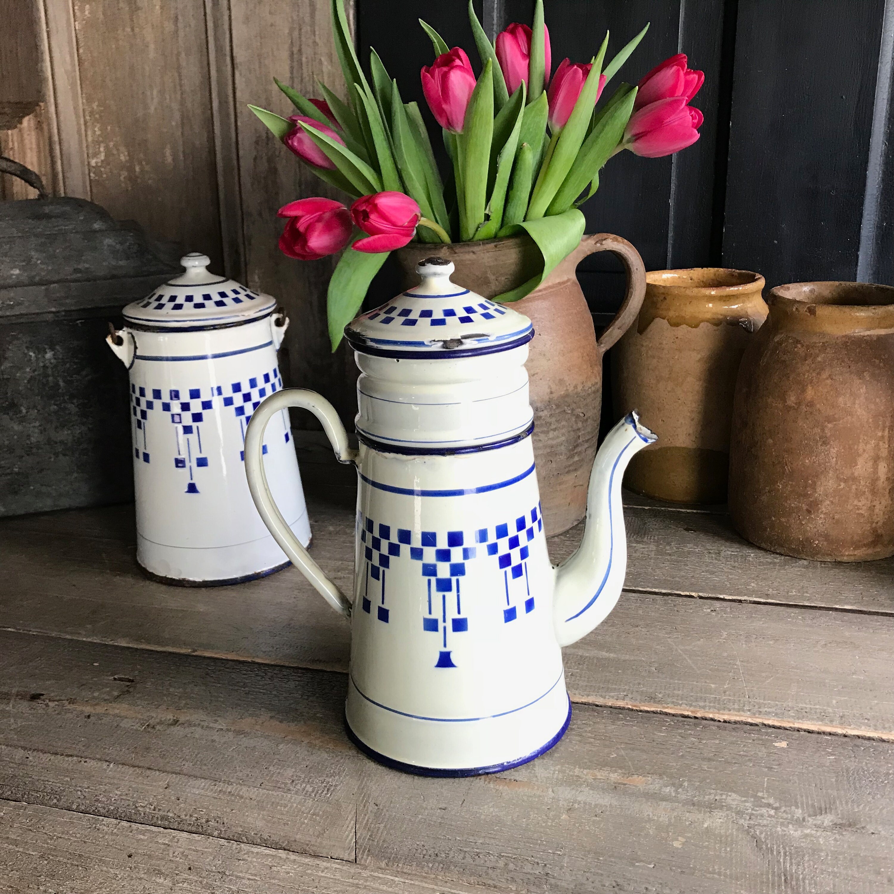French Enamel Café Coffee Tea Pot, Blue Lustucru, Blue White Check, French Farmhouse Decor