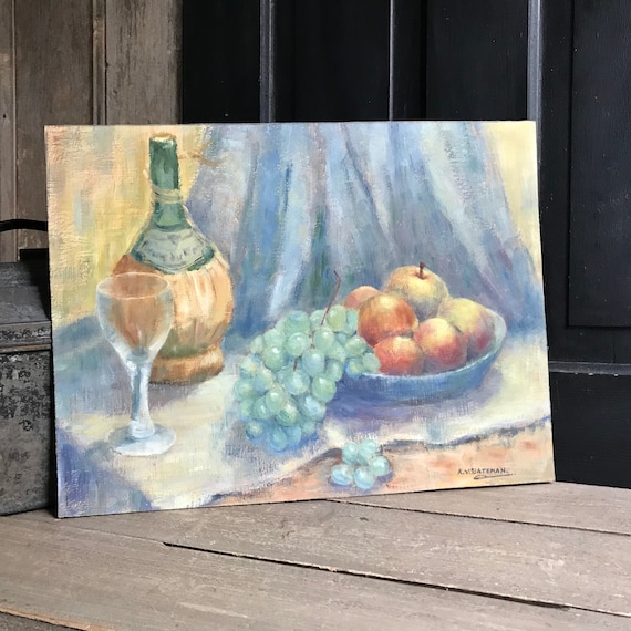 油絵、印象派風の静物画、ブドウ、果物、ワイン、カラフル、署名入り
