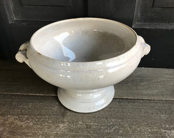 Antique French Ironstone Compote, Faïence Tureen, Opaque de Sarreguemines, Lidded Fruit Bowl, Pedestal, Tureen, Tea Stained
