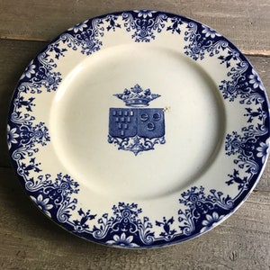 French Faïence Plate, Indigo Floral Ironstone, Rouen, Coat of Arms French Chateau, Farmhouse, Farm Table image 1