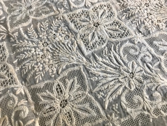 Antique French Lace Bonnet Panel, Exquisite Hand Embroidery Work on Batiste, Period Project Textile