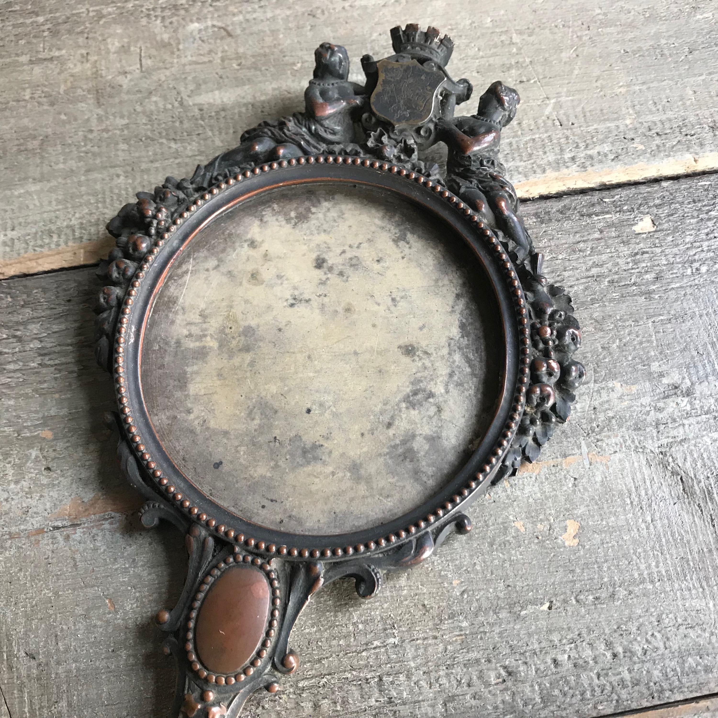 19th C French Bronze Hand Mirror, Beveled Mirror, Ornate Design