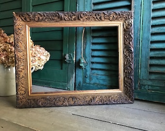 19th C French Gesso Wood Frame, 19 x 15, Gold Gilt, Floral Leaf Scroll Motif, Antique Picture Frame