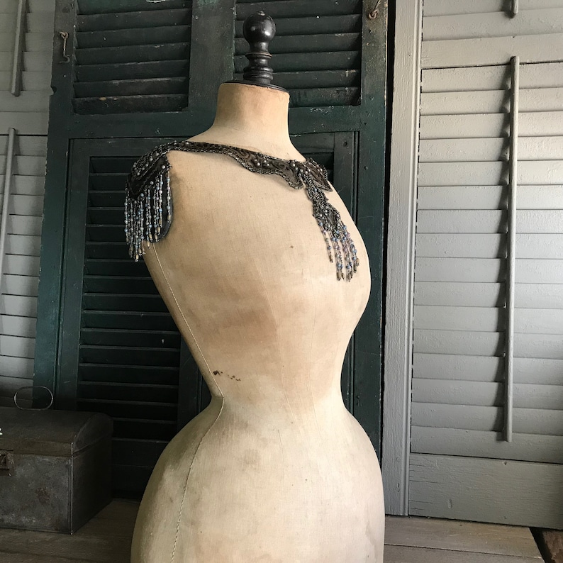 Antique Beaded Dress Appliqué, Accessory, Black tulle, Glass Beads, Restoration Project, Costume Design image 5
