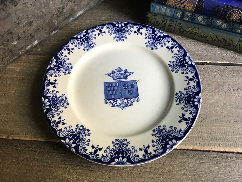 French Faïence Plate, Indigo Floral Ironstone, Rouen, Coat of Arms French Chateau, Farmhouse, Farm Table image 8