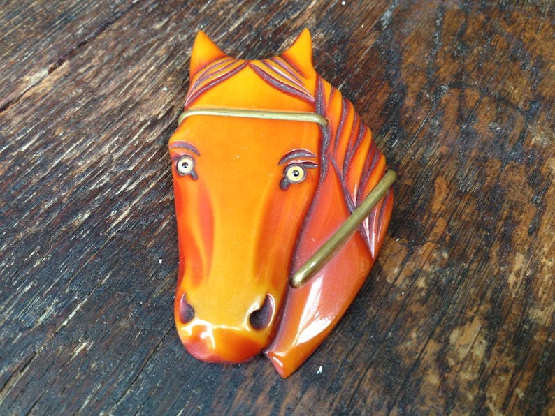 Amber Butterscotch Bakelite Horse Pin Brass Carved Horse Head Brooch Pin